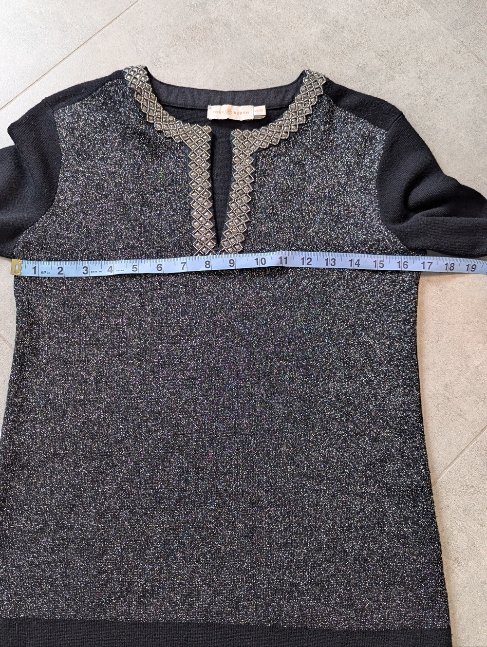 Tory Burch Merino Wool Blend Sweater XS Embellished Studded Neckline Black - Picture 6 of 8